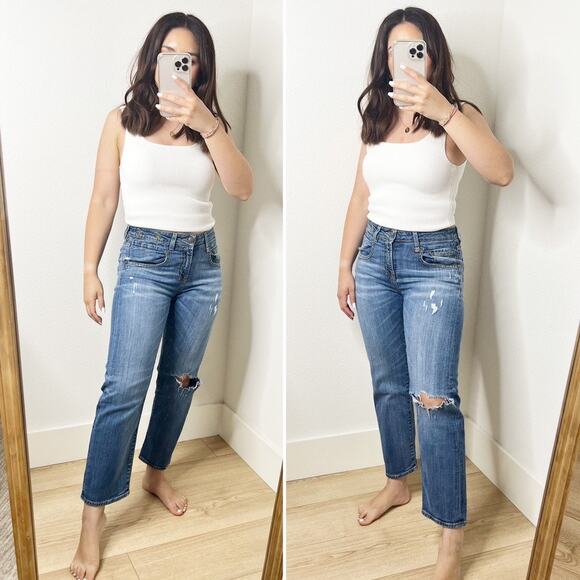 R13 Straight Boy Cropped Distressed Jeans in Durham Blue Wash Size 28 - Picture 1 of 9